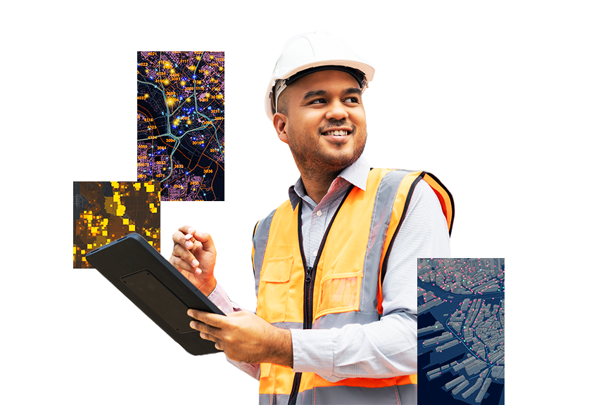 A man in an orange vest and white hard hat holding a tablet with an inset image of a map with yellow data points
