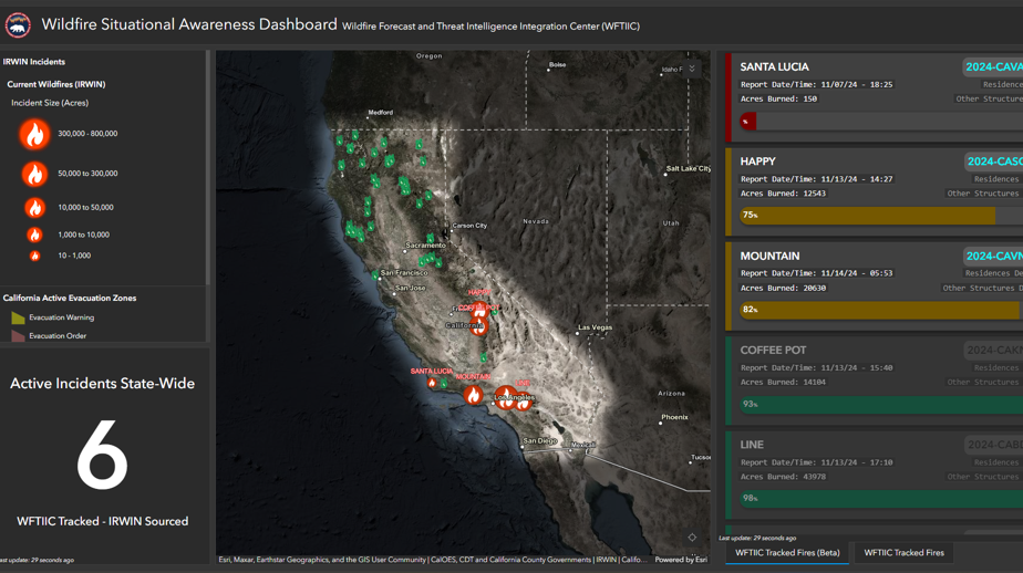 Map showing dots representing current fires in California