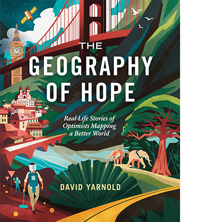 An illustrated book cover that includes the Golden Gate Bridge, Big Ben, cities, and nature
