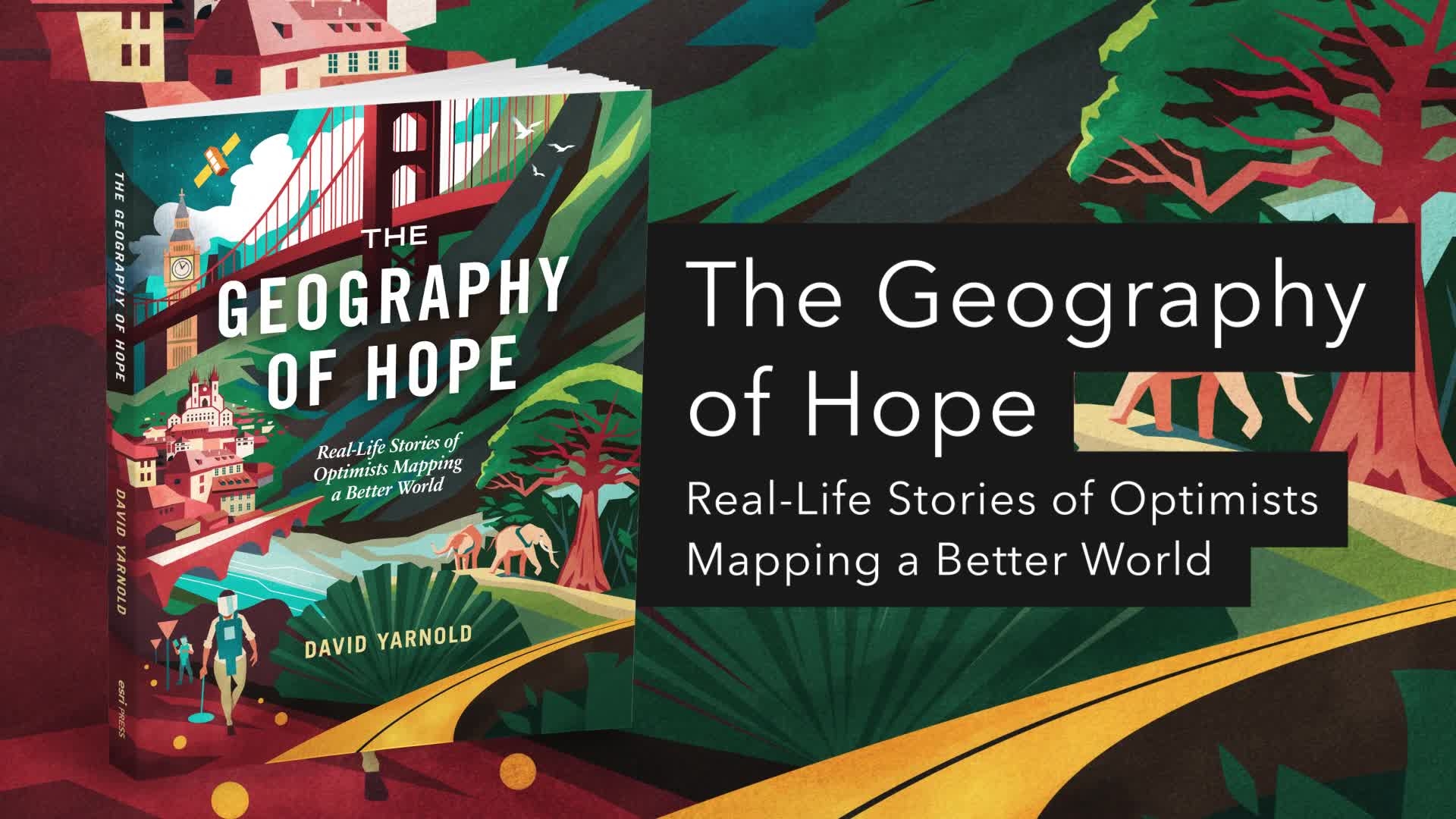 The Geography of Hope book cover and an illustration of a tree and a city overlaid with a play button