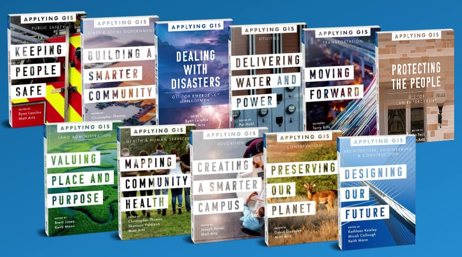 Eleven book covers standing in two rows, all from the Applying GIS series, on a flat blue background