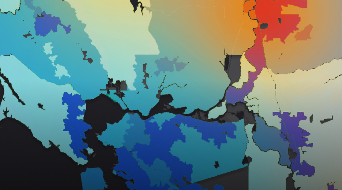 Um mapa colorido mostrando áreas de maior risco em tons quentes e áreas de menor risco em tons frios