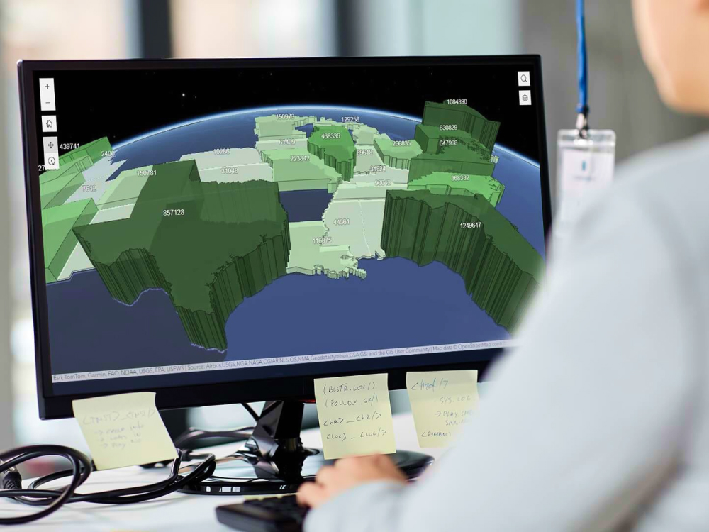 Mapa digital 3D dos EUA com cada estado representado em vários tons de verde e extrudado em diferentes alturas