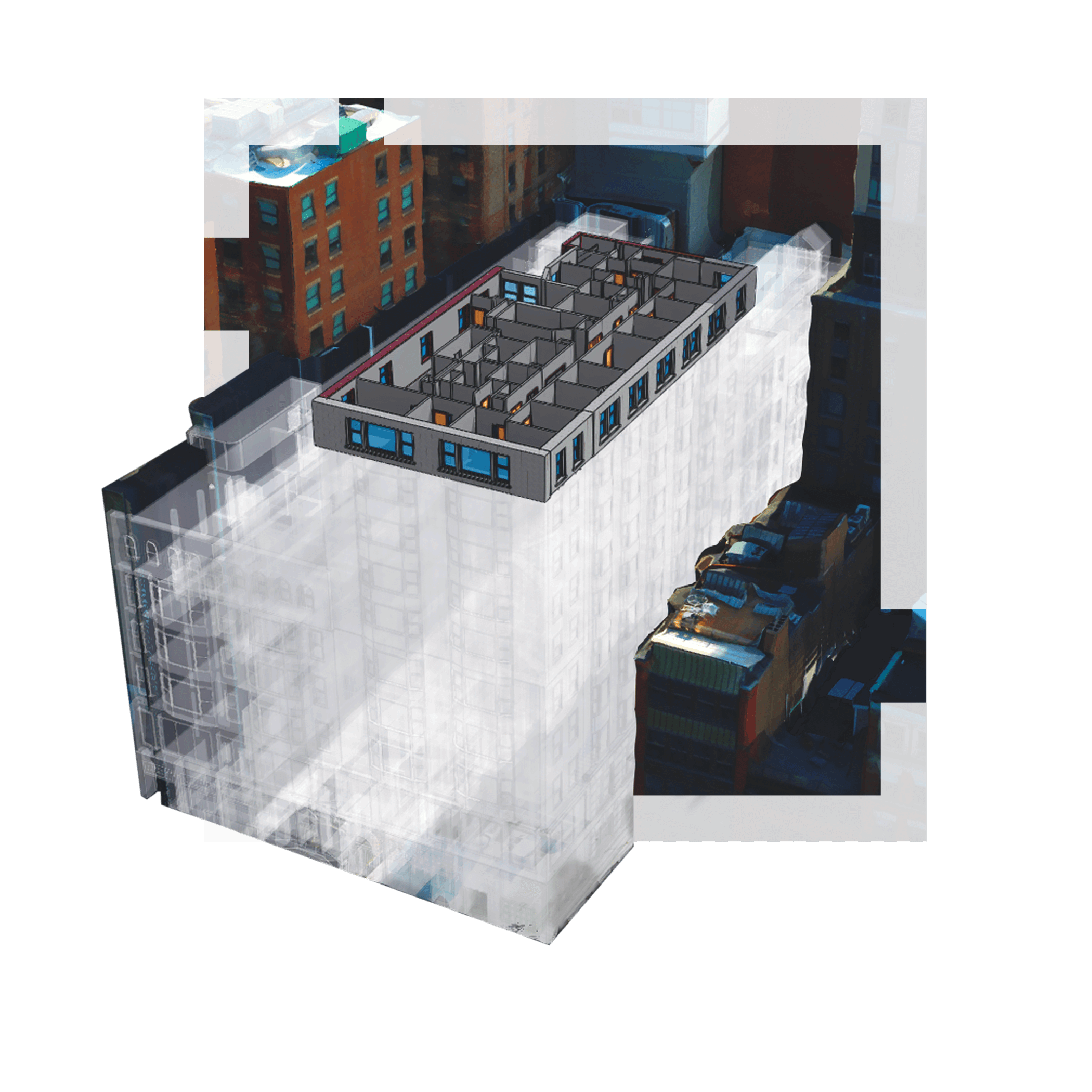 A 3D digital model of a multistory building on a city block