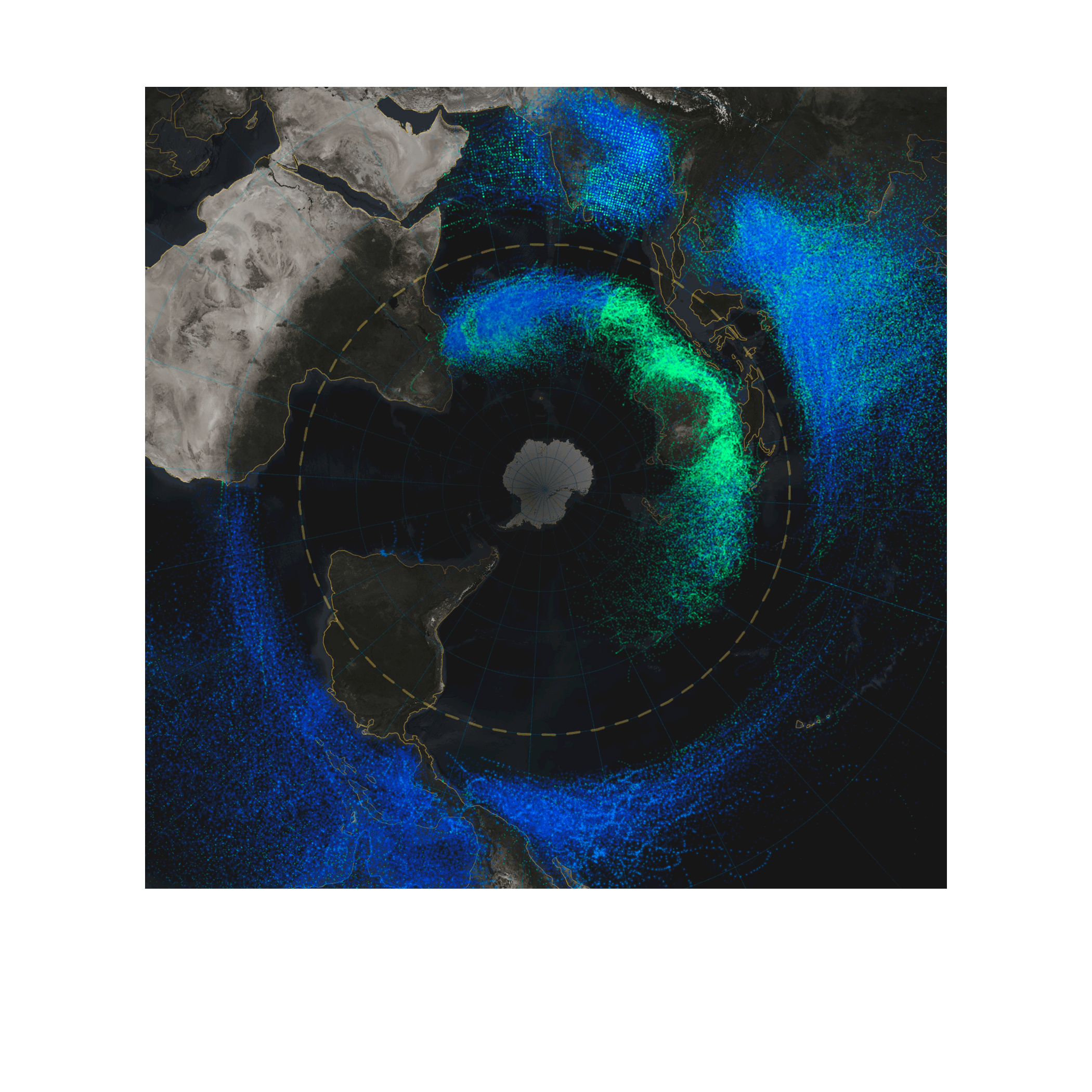 Carte de l’hémisphère sud comportant un anneau lumineux bleu et vert autour de l’Antarctique qui représente les trajectoires des ouragans et des tempêtes tropicales depuis 1851