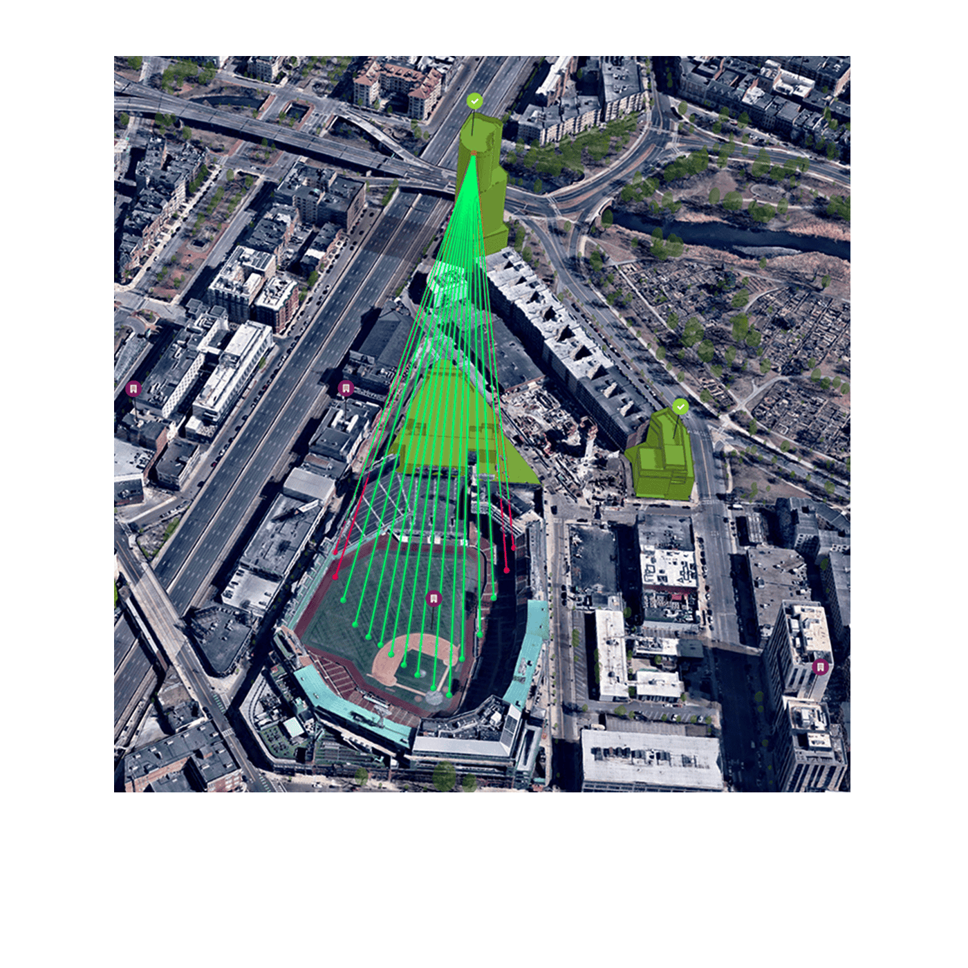 Aerial view of a baseball stadium surrounded by a bustling city, overlaid with a line of sight analysis grid of bright green lines