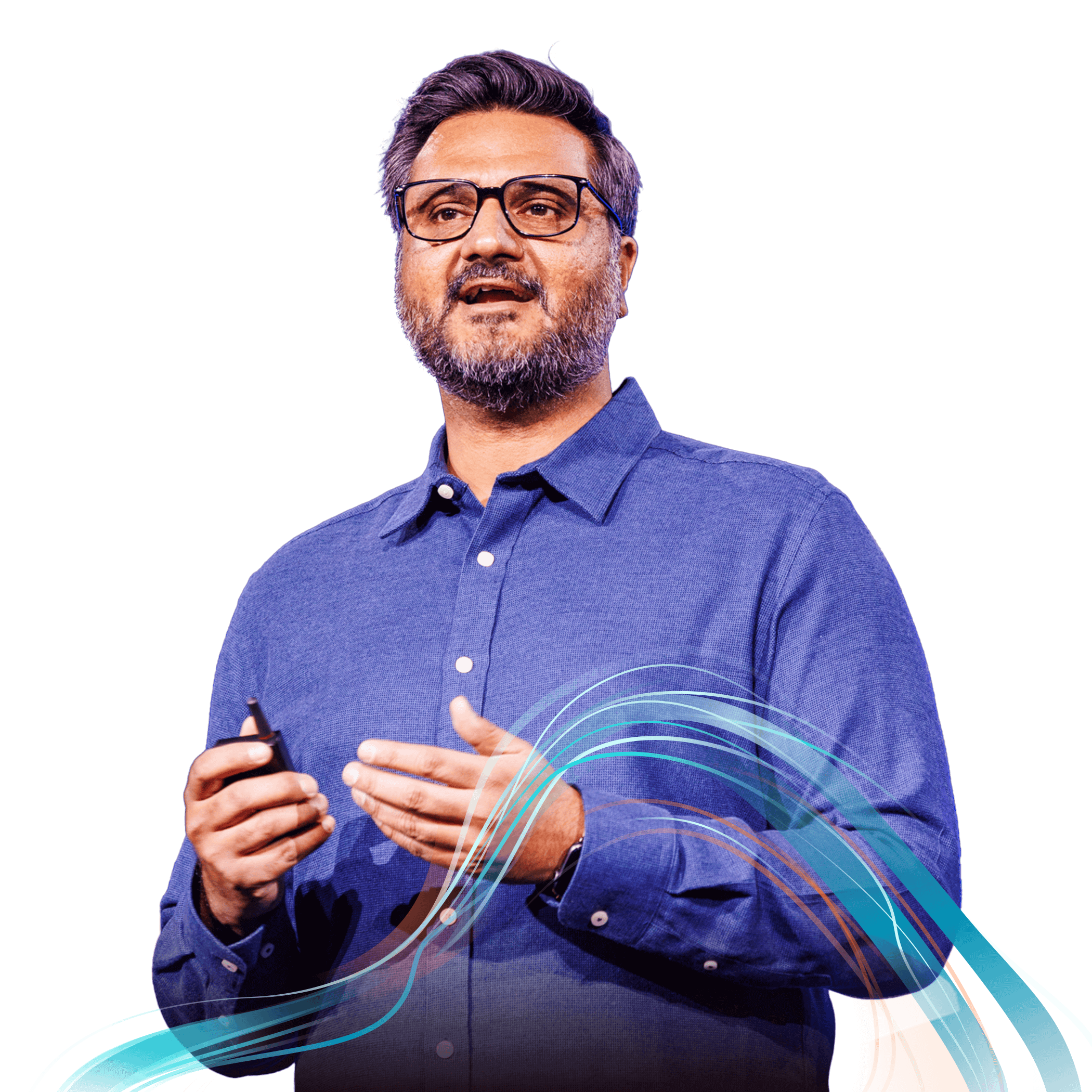 Bearded presenter in a blue shirt looks toward the audience