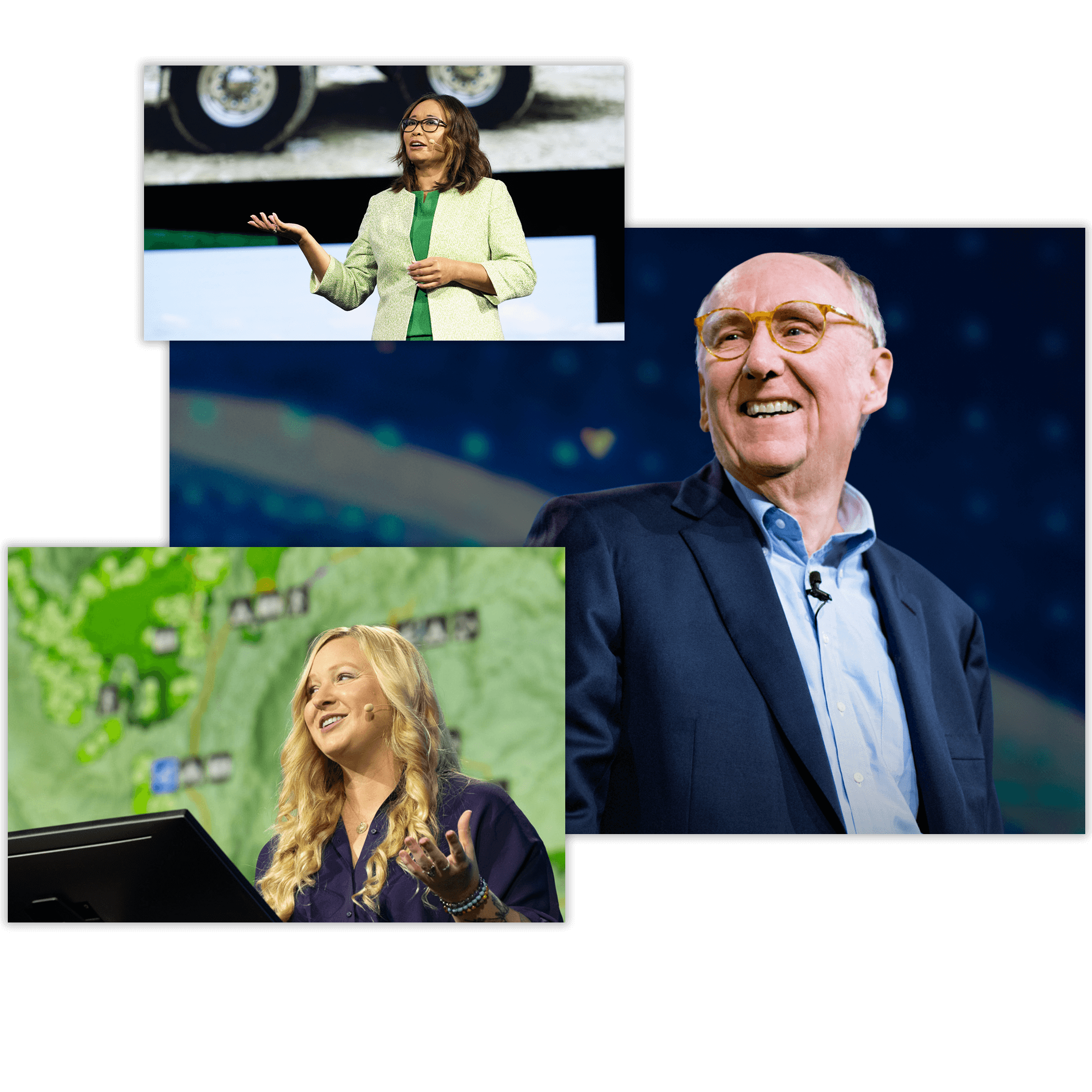 Photos of a presenter gesturing while speaking onstage, Esri president Jack Dangermond, and another speaker smiling