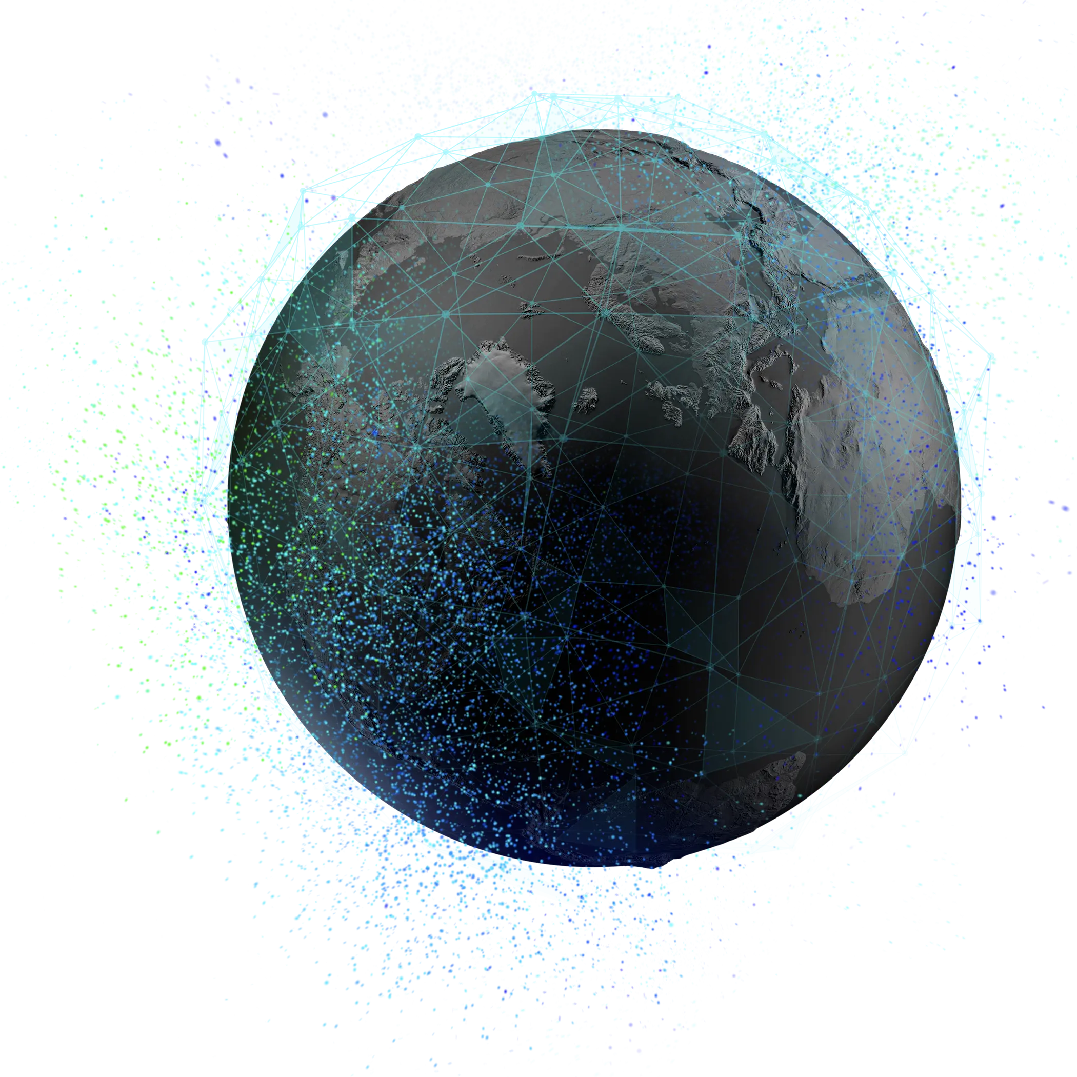 A dark gray globe with a blue and green network of lines and dots around it