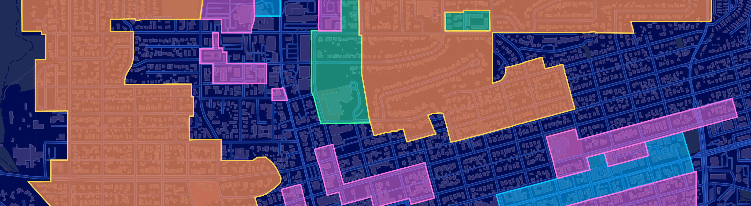 A map with colored polygons representing different areas or districts overlaid on a street map