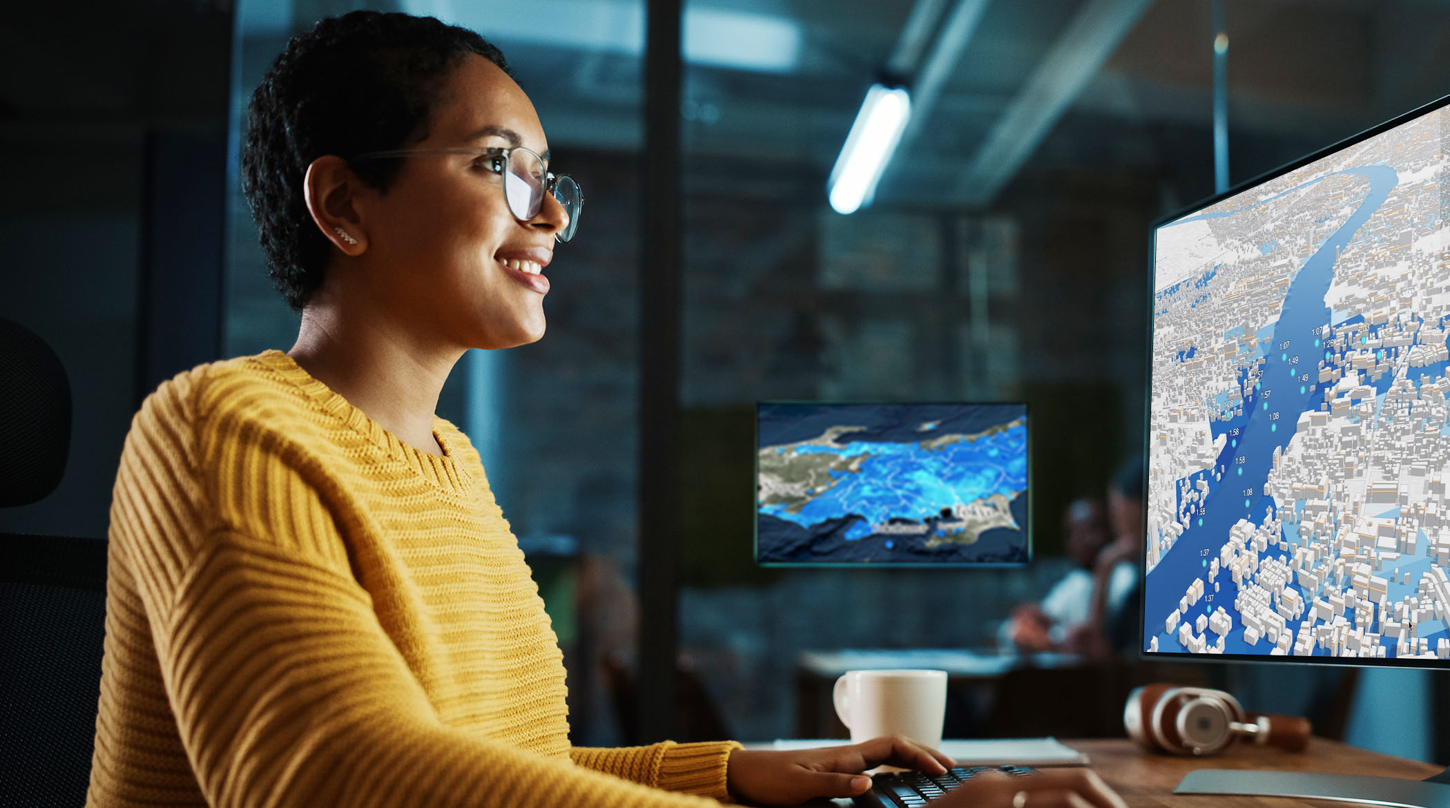 Mulher usando óculos sorri enquanto olha para uma tela de computador mostrando um mapa 3D