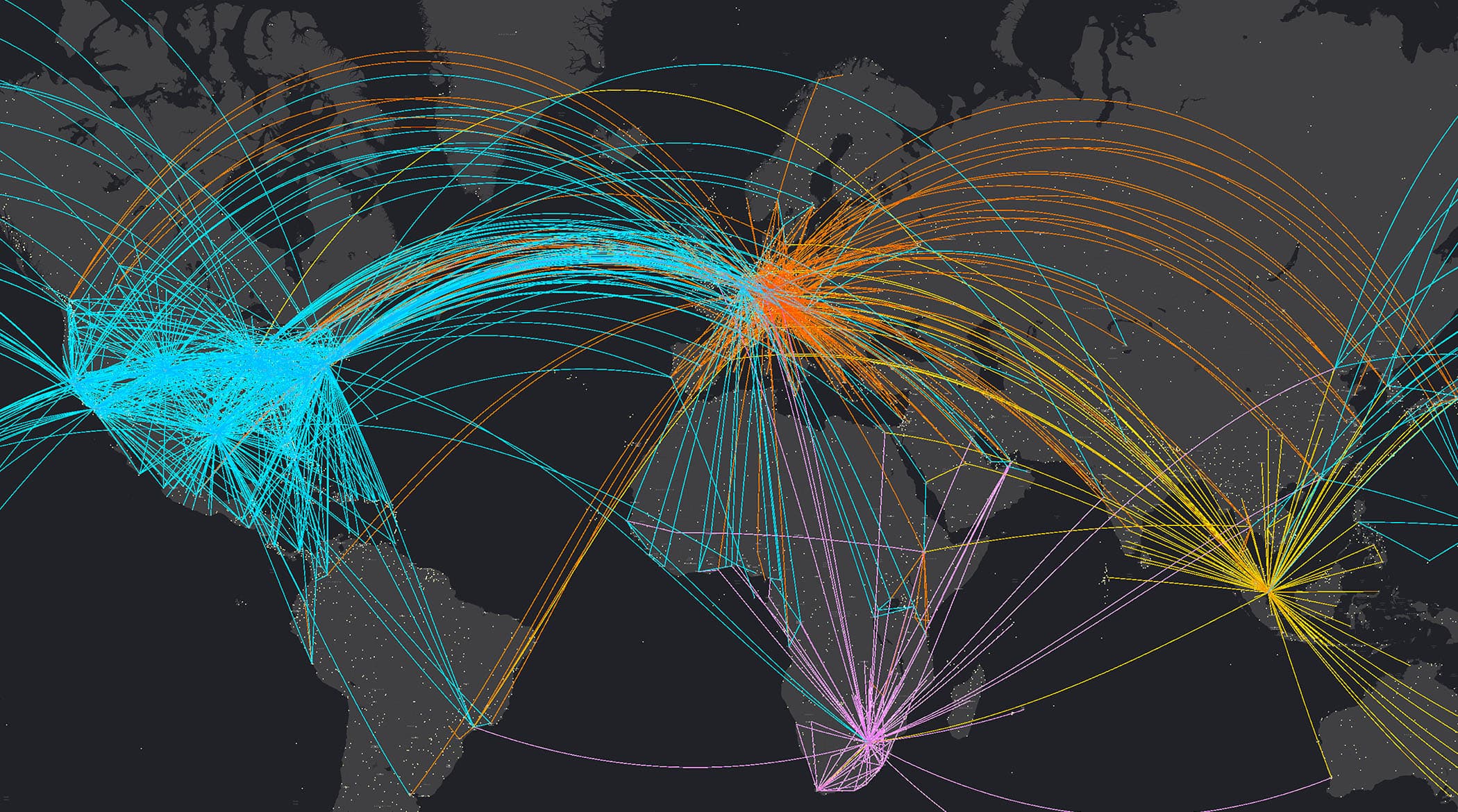 A gray scale map of the world with colored lines connecting various points