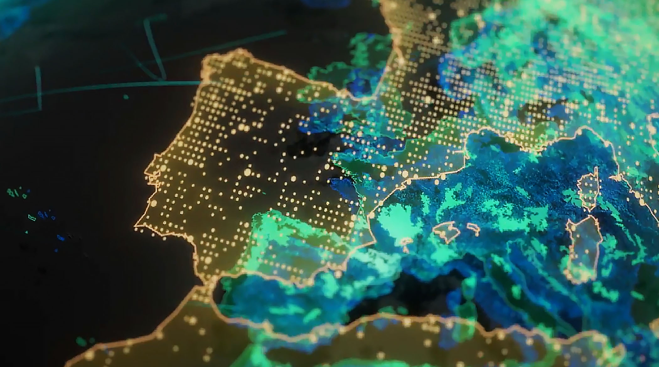 Um mapa digital da Europa com outra camada de dados pairando sobre ele