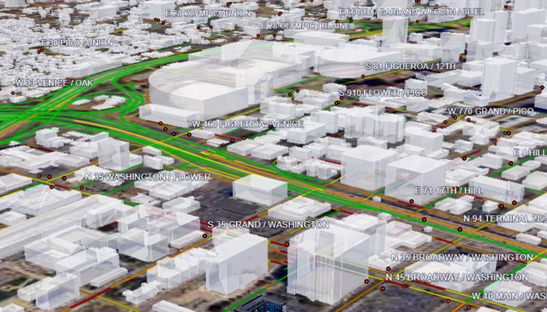 A 3D map of Los Angeles with buildings represented as white blocks