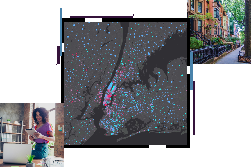브라운스톤 건물과 도시 보도, ​​뉴욕시 맵, 태블릿을 보고 있는 여성