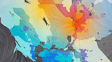 A map with regions shaded in blues, oranges, and reds overlaid with lines signifying air and wind currents