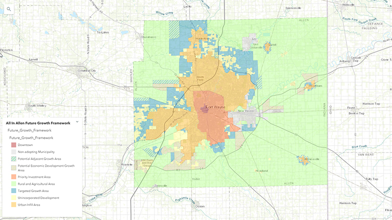 Map of Allen County, Indiana, with areas shaded in many colors beside a map legend