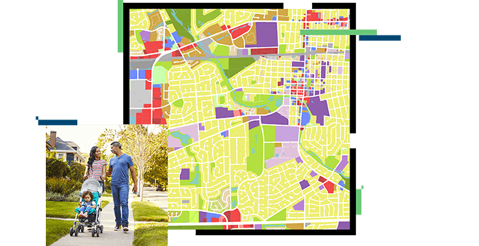 خريطة شارع صفراء تحتوي على تظليل باللون الأرجواني والأخضر والأحمر، وشخصان يسيران وطفل في عربة أطفال
