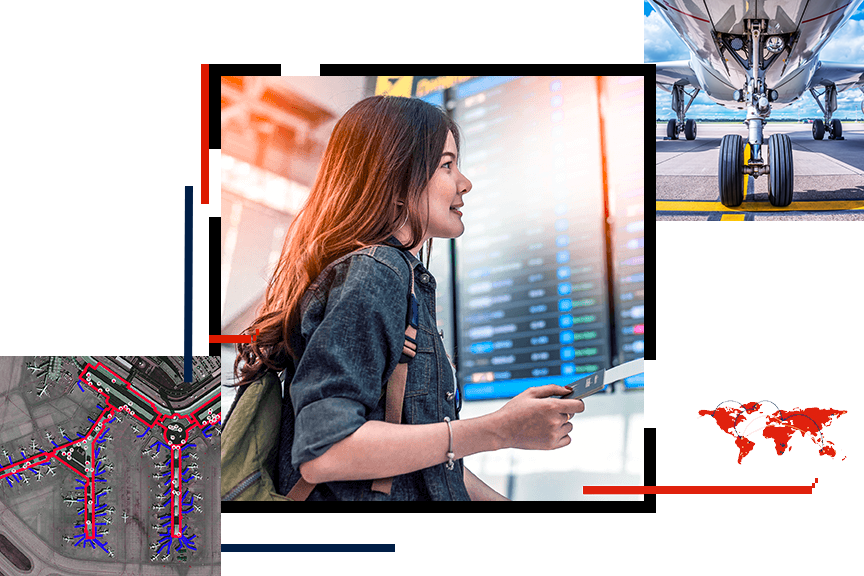 Una persona in possesso di un passaporto e un biglietto aereo in un aeroporto sovrapposti a un'immagine satellitare dei cancelli dell'aeroporto e una foto della parte inferiore di un aereo