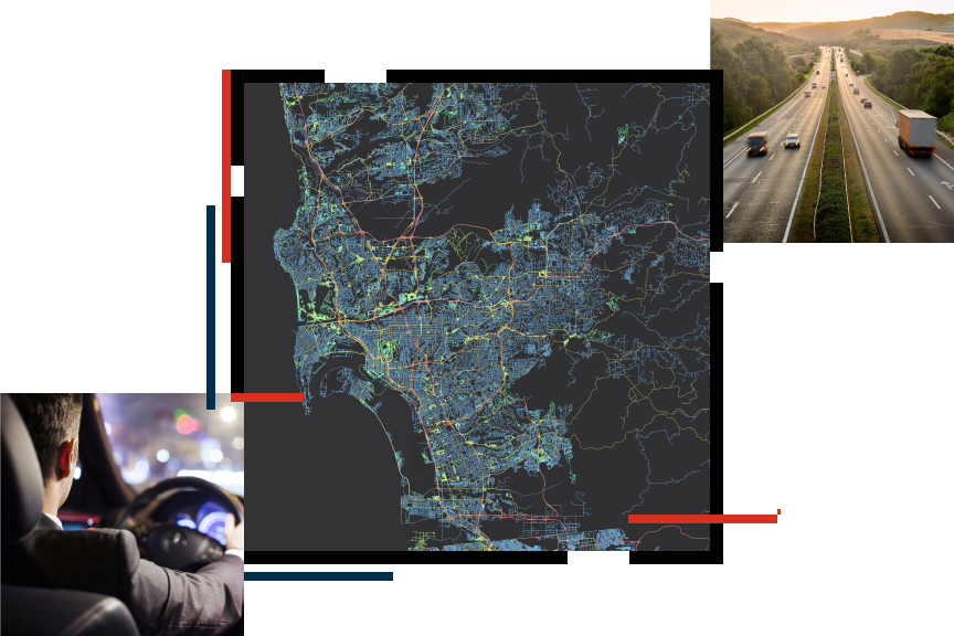 道路が青色で表示された地域マップ、田園風景の中を走る高速道路の写真、車を運転している人物の車内の写真