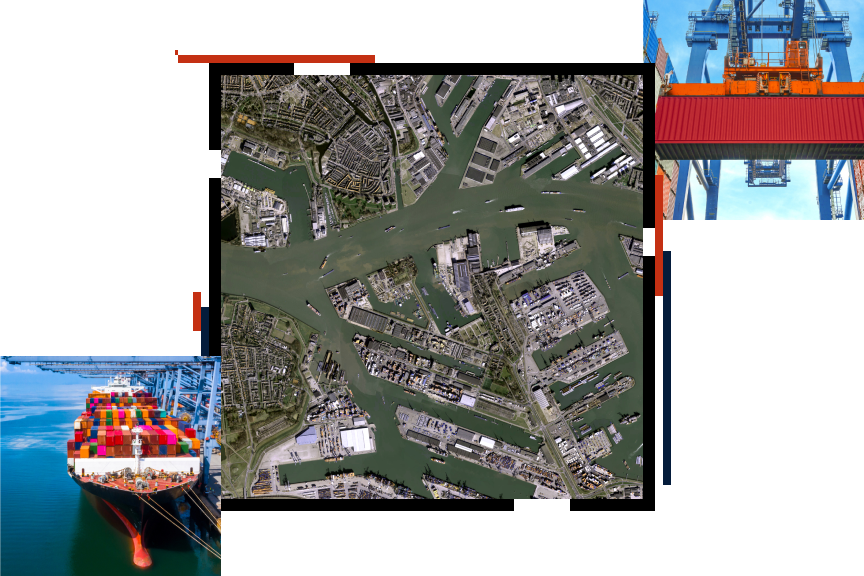 Ein Luftbild eines geschäftigen Industriehafens umgeben von trübem grünen Wasser und zwei Fotos von Schiffen und Anlagen, die farbige Frachtcontainer bewegen