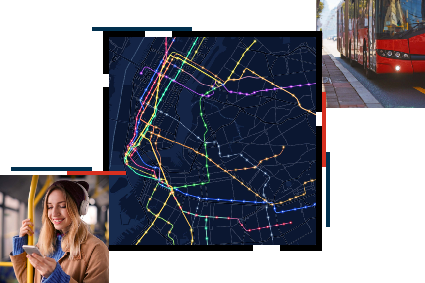 Um mapa da cidade com rotas marcadas em cores, um ônibus vermelho parado ao lado de uma calçada de paralelepípedos, uma pessoa sorridente usando fones de ouvido olhando para um celular