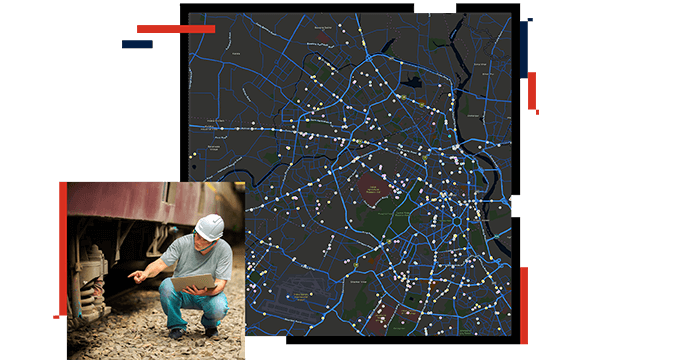 Montagem de mapa escuro com linhas azuis com pontos brancos; trabalhador com capacete apontando para uma bobina debaixo de um vagão
