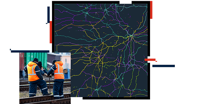 Фотомонтаж темной карты с желтыми линиями и поездом, приближающимся к светофору на переезде