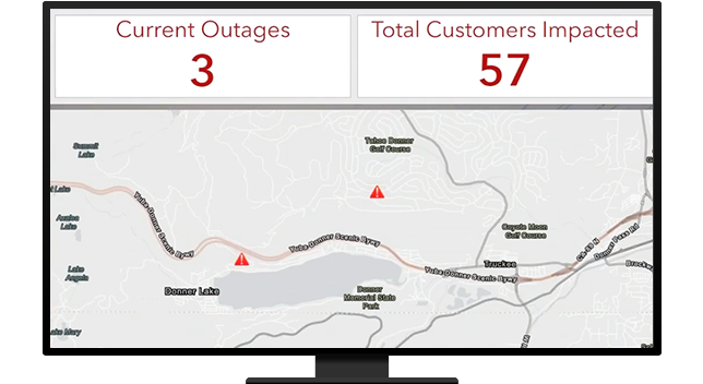 带有红色警告符号的灰色地图，其中列出了 3 次断电及受其影响的总共 57 位客户