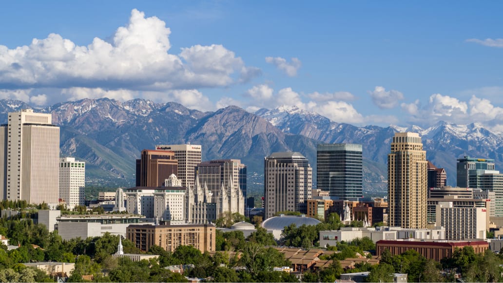 A modern cityscape filled with green treetops under a cloudswept blue sky with snow-capped mountains in the background