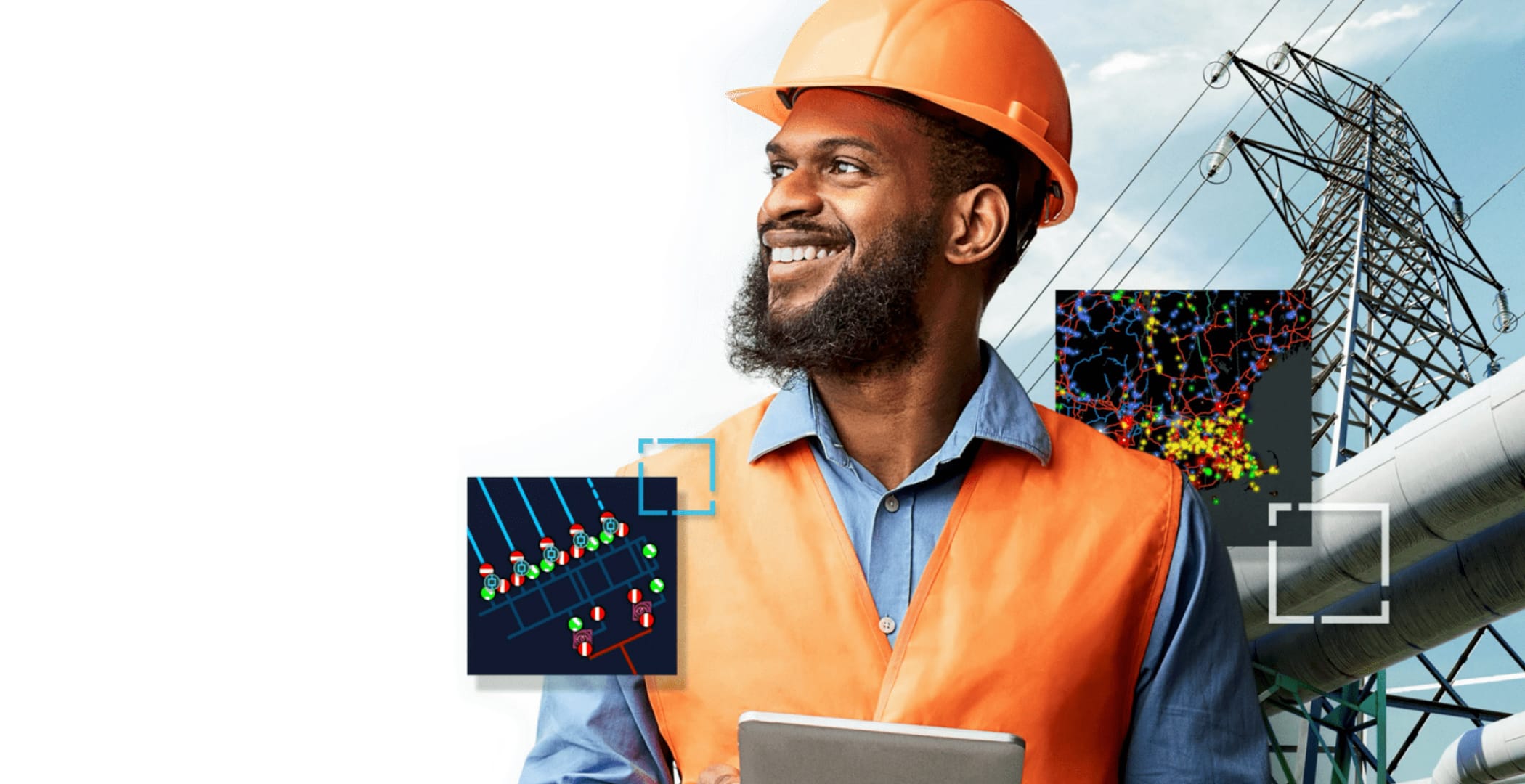 A collage with a smiling person wearing an orange safety vest and hard hat, a soaring transmission tower strung with cables, and several colorful maps