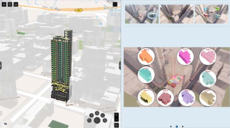 A map dashboard with several images of a 3D city model, some overlaid with popped-out details of specific building elements