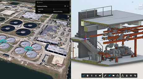 An aerial image of a large industrial site alongside a 3D model of an industrial construction project