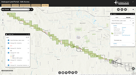 A map dashboard displaying pipeline locations across a city alongside several menus of analysis options