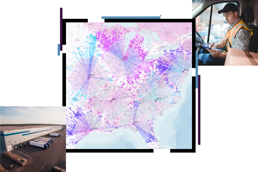 Mapa połączeń w USA w odcieniach różu i fioletu, nałożona na zdjęcie osoby siedzącej w pojeździe i korzystającej z tabletu oraz na zdjęcie ciężarówek z ładunkiem zaparkowanych w rzędzie doków załadunkowych