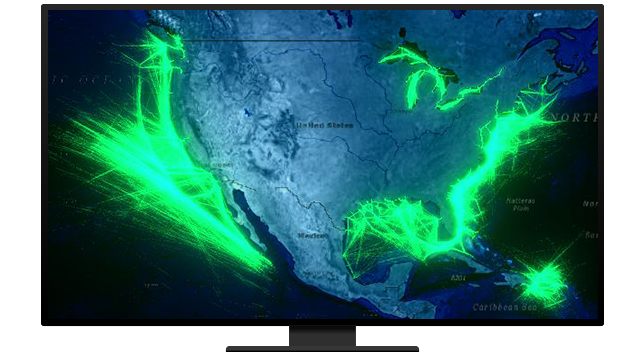 Grafica di un monitor di computer che mostra una mappa di contorno del Nord America in blu e verde su sfondo nero