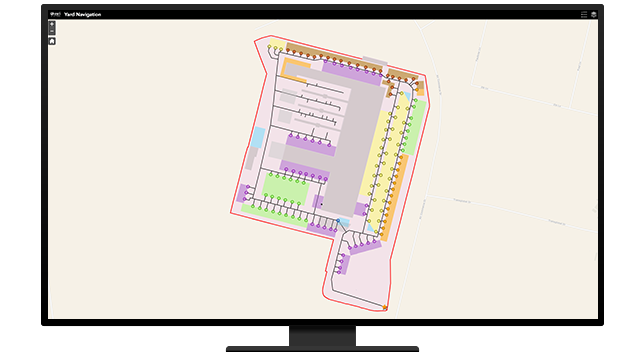 Grafika z monitorem komputerowym wyświetlającym mapę terenu wewnętrznego przedstawiającą lokalizacje biur w wielu kolorach na beżowym tle