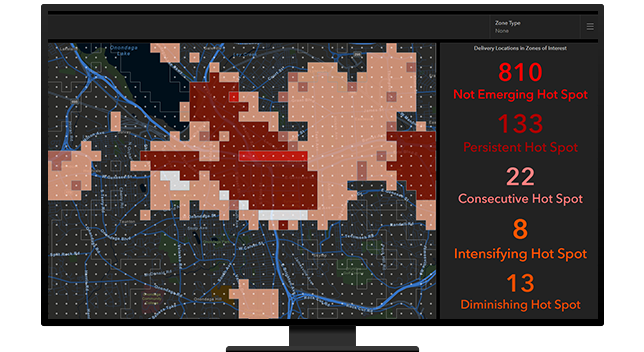 Grafika z monitorem komputerowym wyświetlającym panel z mapą skupień w kolorze czerwonym i różowym z listą zestawów danych lokalizacji skupień (hot spot)