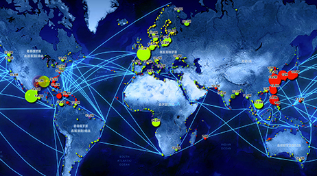 A world map displaying shipping routes across oceans and red and yellow dots along the coasts of continents