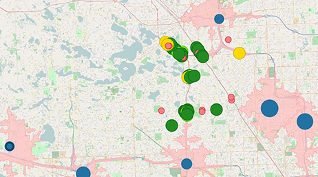 A map with blue, green, red, and yellow dots dispersed across a region