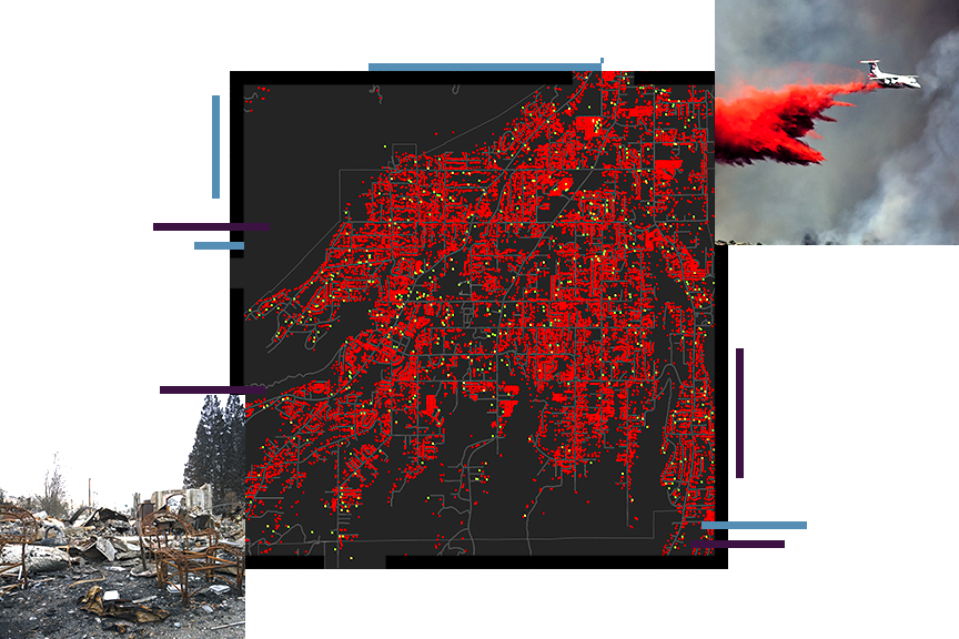 Um mapa de densidade em preto e vermelho, sobreposto com uma foto de um avião-tanque lançando retardante de fogo em um incêndio florestal e uma foto dos destroços de uma casa danificada pelo fogo