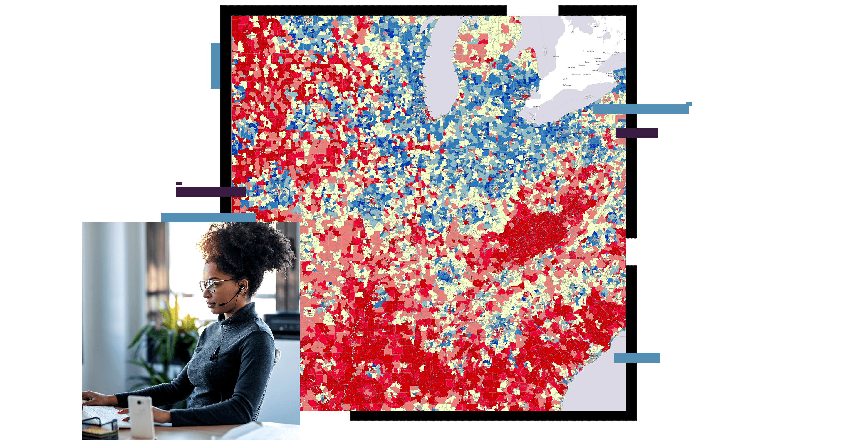 蓝色和红色的密度地图上面覆盖着一位头戴耳机的居家办公人员正在使用笔记本电脑的照片 