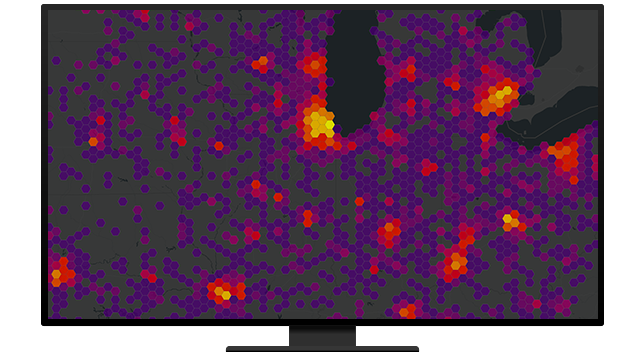 Image d'un écran d’ordinateur affichant une carte de densité sommaire en rouge et jaune sur un arrière-plan violet