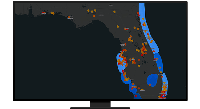 Mapa Florydy przedstawiająca koncentrację w kolorze żółtym i czerwonym na szarym tle