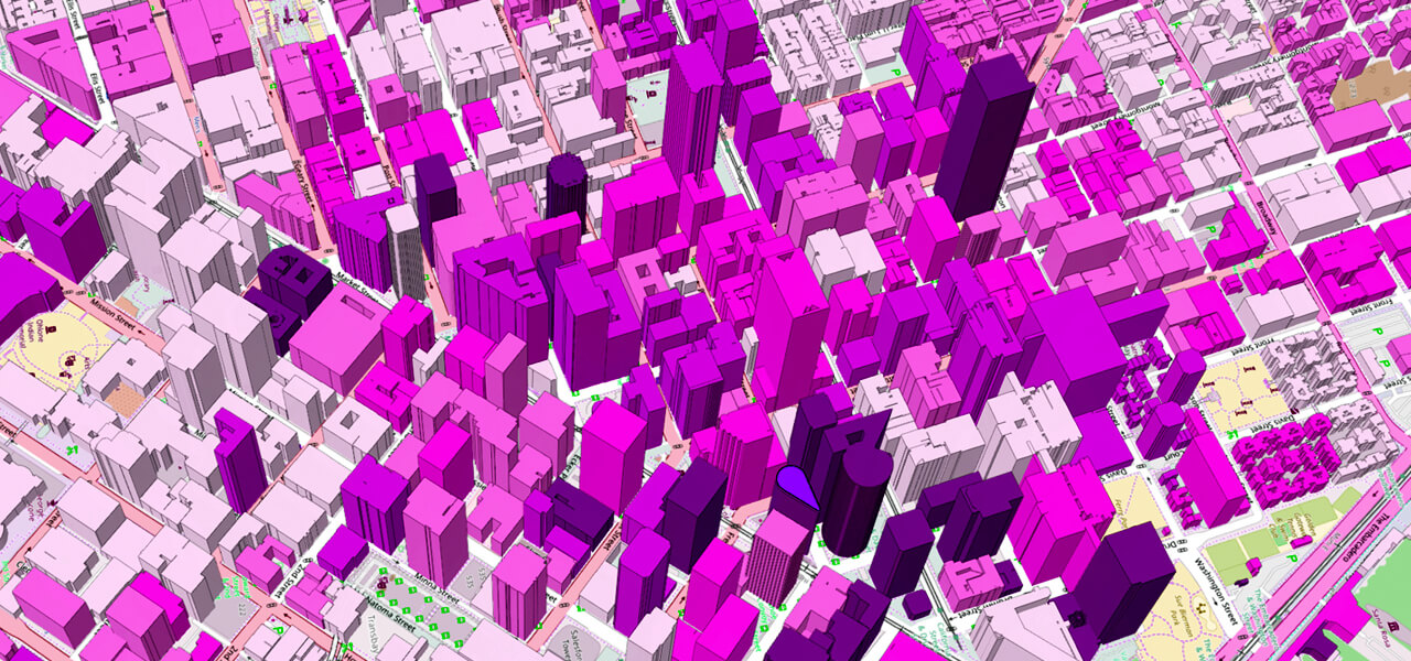 一个城市的 3D 渲染鸟瞰图，这座城市充满了带有粉红色和紫色阴影的摩天大楼