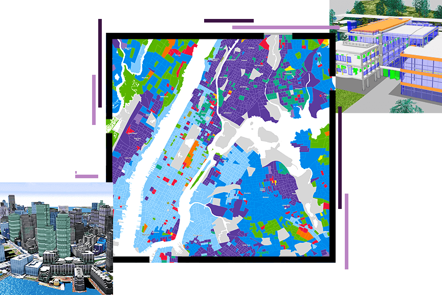 Un colorido mapa inmobiliario, un gráfico en 3D de un centro comercial y una representación en 3D de una ciudad costera
