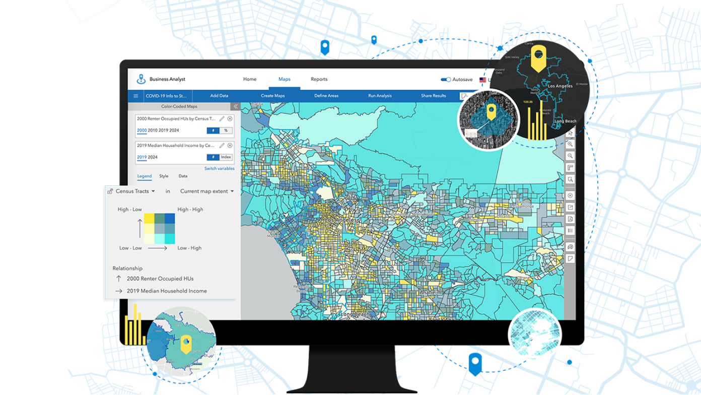 خرائط ومخططات ArcGIS Business Analyst على شاشة كمبيوتر سطح المكتب