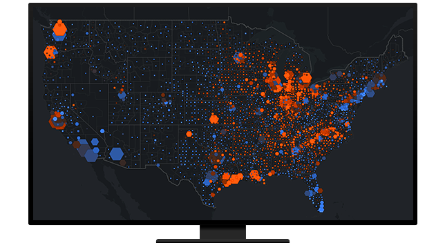 رسم لشاشة كمبيوتر تعرض خريطة كثافة لأمريكا الشمالية باللونين الأحمر والأزرق على خلفية سوداء