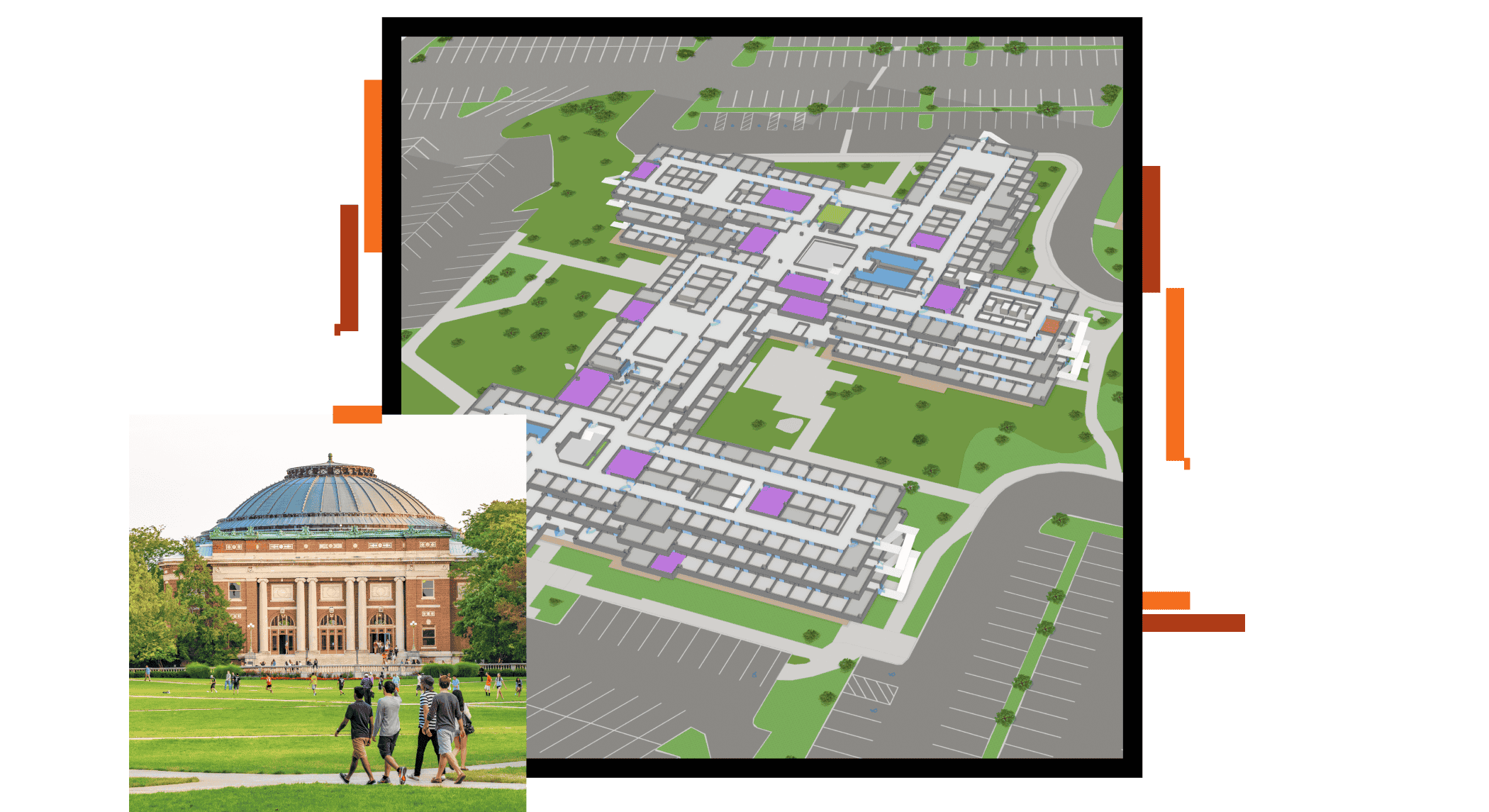 Students walking through a higher education campus and a digital view of a campus building highlighting specific indoor locations using indoor GIS.