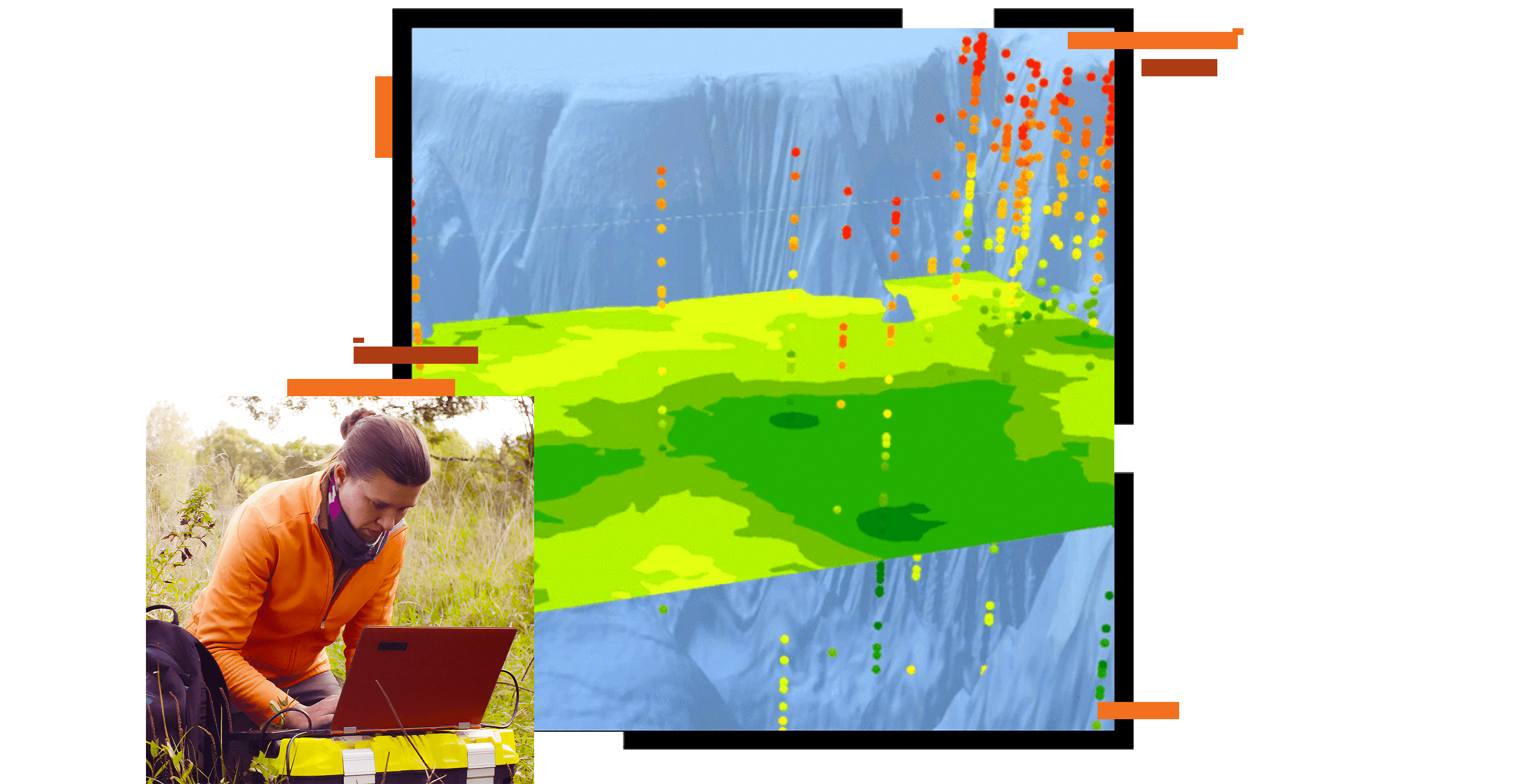 Extrait de couche de cartes en vert et bleu recouverte d’une photo d’un chercheur sur le terrain utilisant un ordinateur portable en extérieur